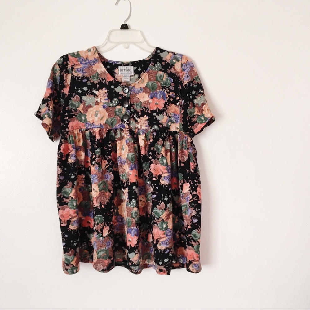 Y2K At Last Studio Floral Short Sleeve Baby Doll Top Size 8